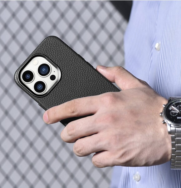 Magsafe Калъф от Естествена Кожа за iPhone 14 Pro, iCarer Leather Case, Черен (5)