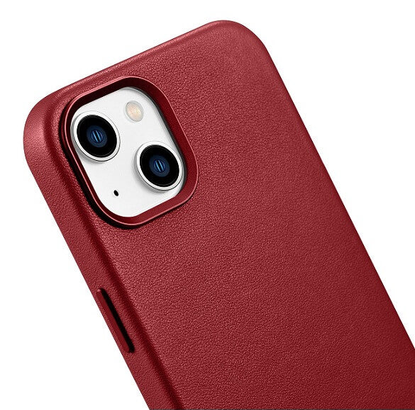Magsafe Калъф от Естествена Кожа за iPhone 14, iCarer Leather Case, Червен (4)