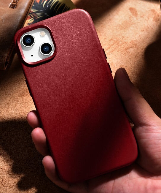 Magsafe Калъф от Естествена Кожа за iPhone 14, iCarer Leather Case, Червен (6)