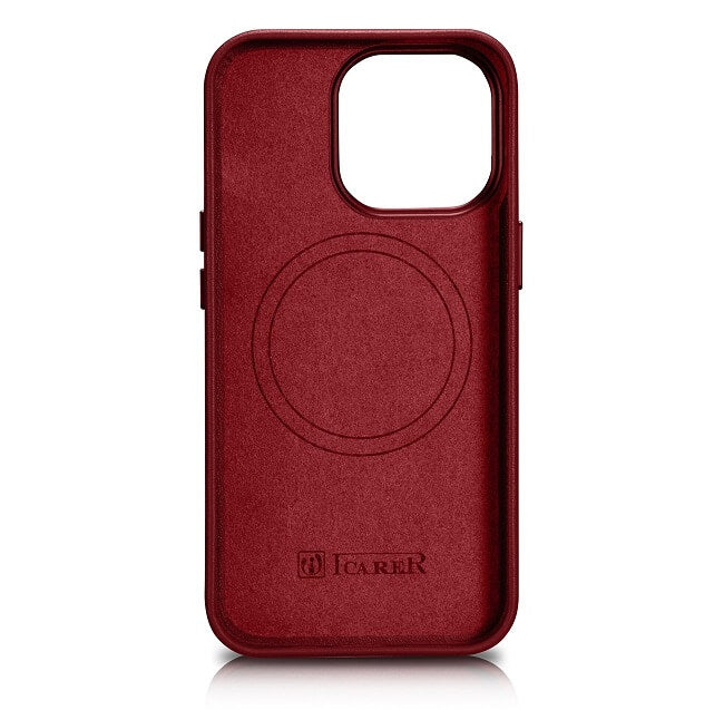 Magsafe Калъф от Естествена Кожа за iPhone 14 Pro Max, iCarer Leather Case, Червен (3)