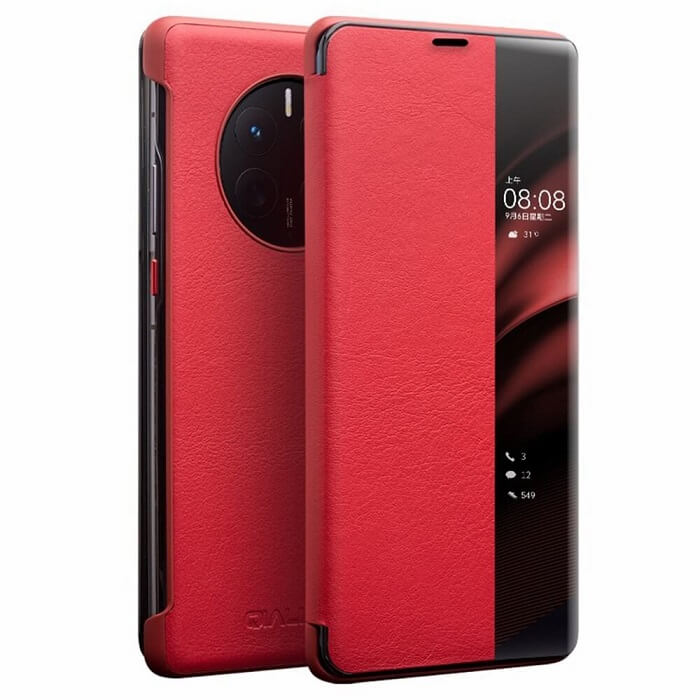 Активен Кожен Калъф за Huawei Mate 50 Pro, Qialino Smart Book Case, Червен