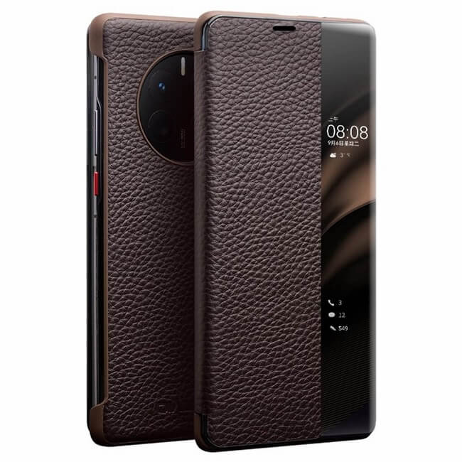 Активен Кожен Калъф за Huawei Mate 50 Pro, Qialino Smart Book Case, Кафяв
