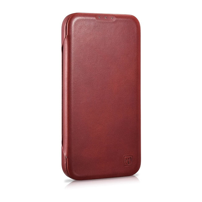 Magsafe Калъф от Естествена Кожа за iPhone 14 Pro, iCarer CE Wax Book Leather Case, Червен (2)