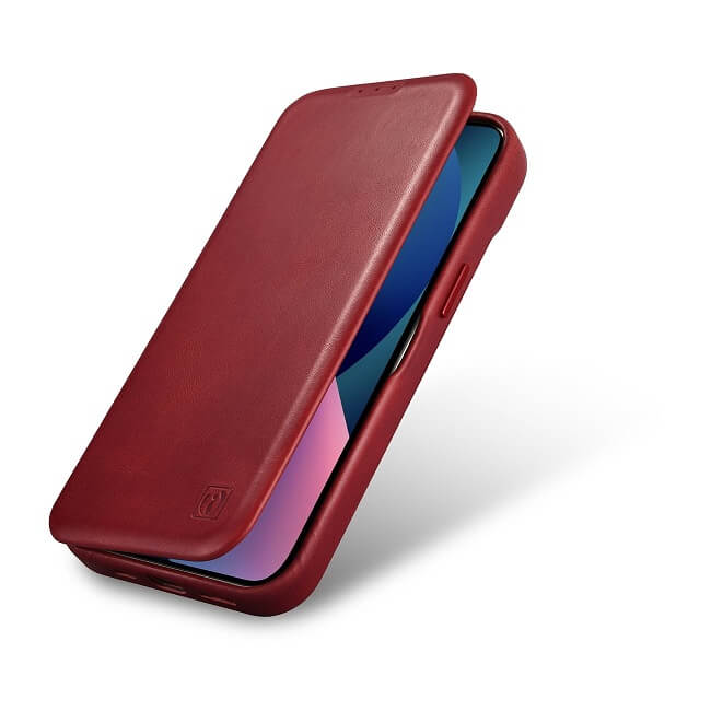 Magsafe Калъф от Естествена Кожа за iPhone 14 Pro, iCarer CE Wax Book Leather Case, Червен (3)