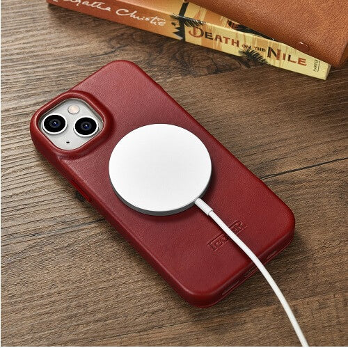Magsafe Калъф от Естествена Кожа за iPhone 14, iCarer CE Wax Book Leather Case, Червен (6)