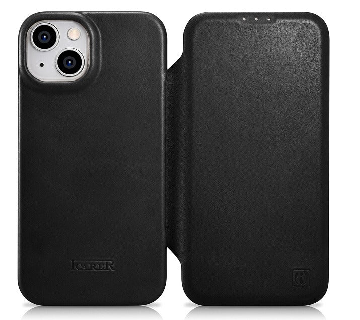 Magsafe Калъф от Естествена Кожа за iPhone 14, iCarer CE Wax Book Leather Case, Черен