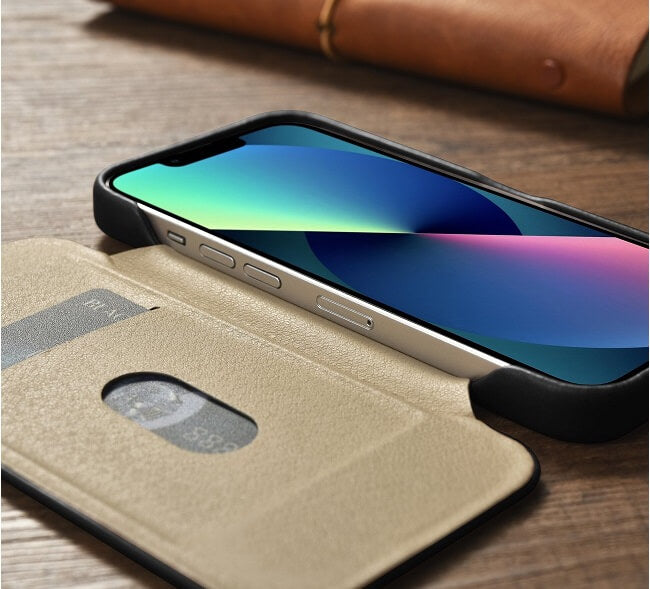 Magsafe Калъф от Естествена Кожа за iPhone 14, iCarer CE Wax Book Leather Case, Черен (7)