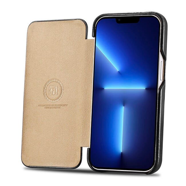 Калъф от Естествена Кожа за iPhone 13 Pro, iCarer Vintage Book Leather Case, Черен (3)