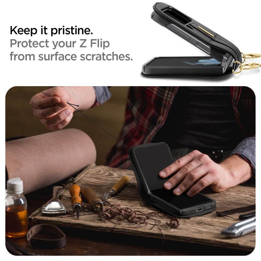 Кожен Калъф с Каишка за Samsung Z Flip 4, Spigen Lienar Calin Case, Черен (7)