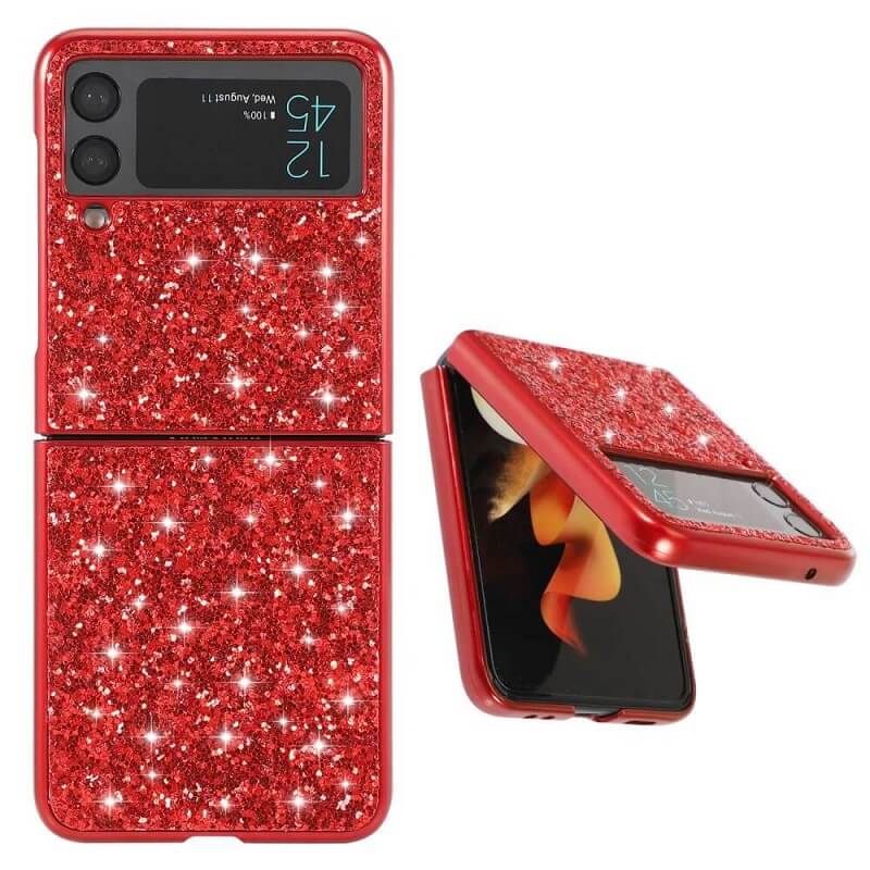 Калъф с Блестяща Декорация за Samsung Z Flip 4, Glitter Case, Червен (4)