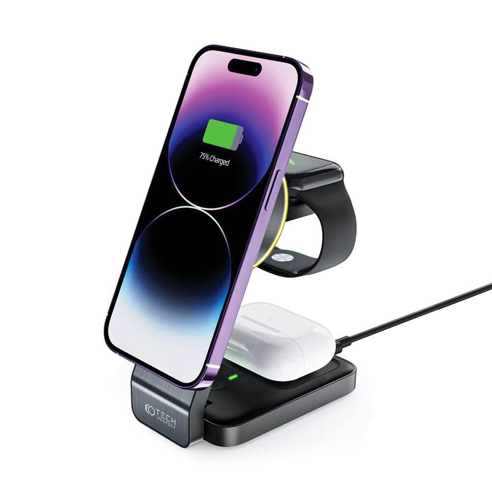 Безжично Зарядно MagSafe 3в1 за iPhone, Tech-Protect Magnetic Charger 15W, Черен