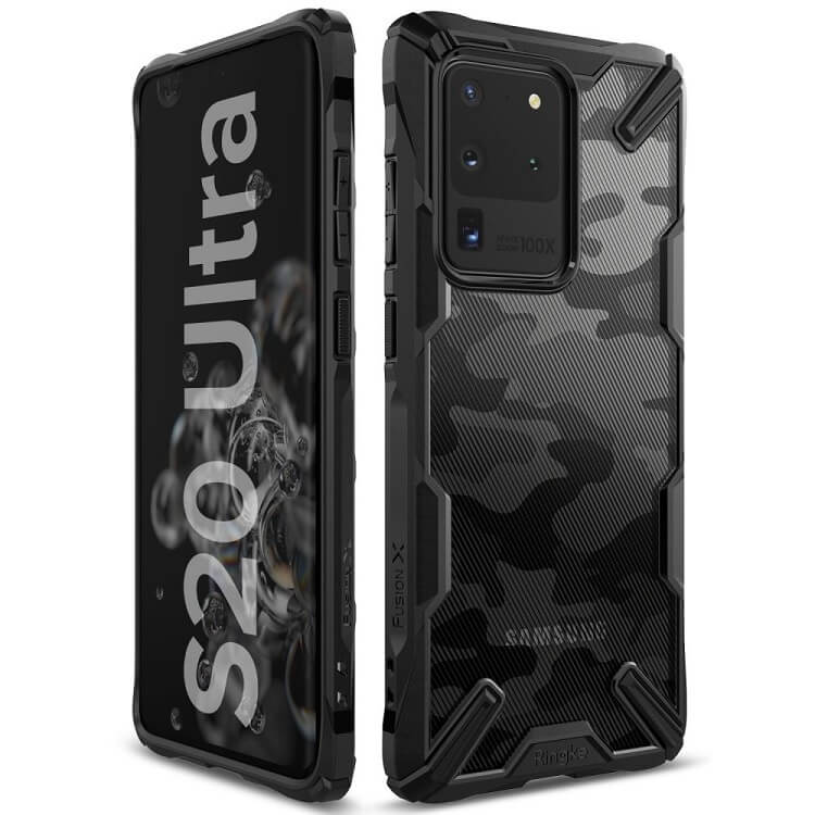 Противоударен Хибриден Калъф за Samsung S20 Ultra, Ringke Fusion X Camo, Черен (2)