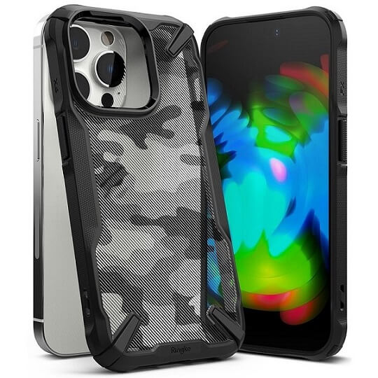 Противоударен Хибриден Калъф за iPhone 14 Pro, Ringke Fusion X Camouflage Case, Черен