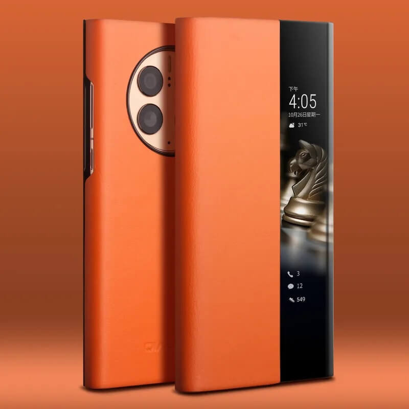 Активен Кожен Калъф за Huawei Mate 50 Pro, Qialino Smart Book Case, Оранжев (2)