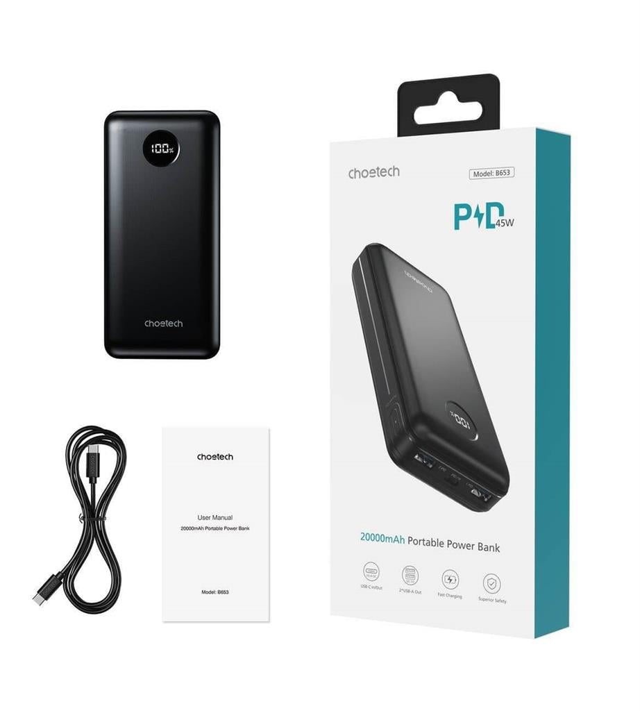 Външна Батерия, Choetech 45W PD3.0 20000 mAh, Черен (6)