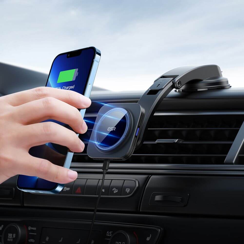 Безжично Зарядно за Кола за iPhone, ESR Magsafe Car Charger 15w, Черен (2)