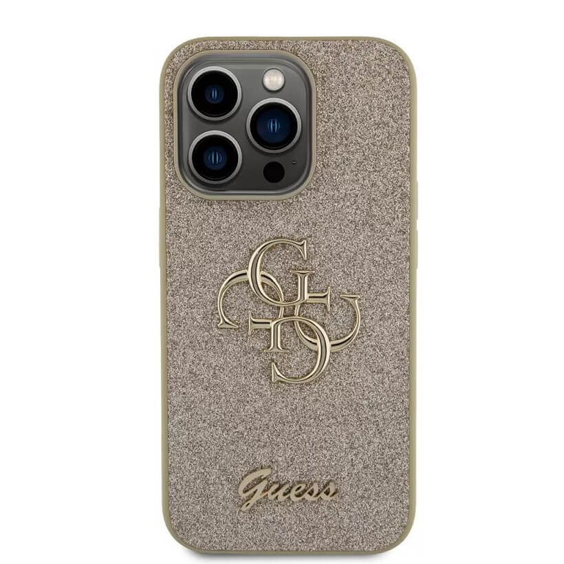 Блестящ Калъф за iPhone 15 Pro Max, Guess Glitter Script Big 4G Case, Златист (3)