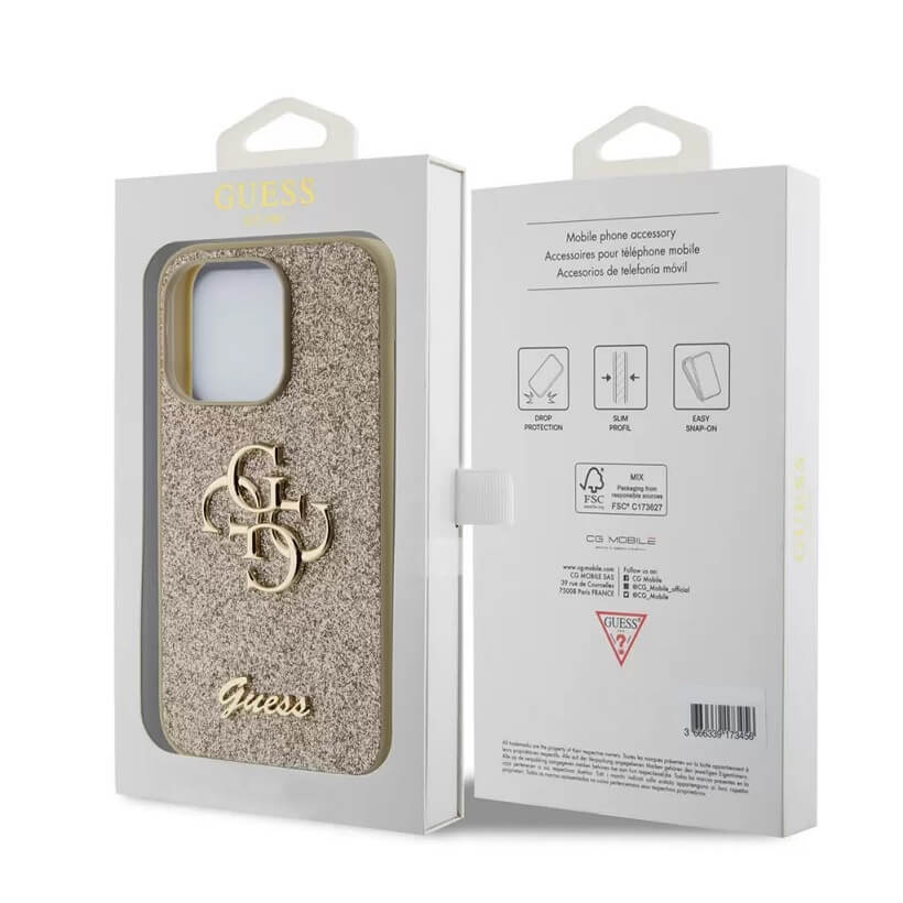 Блестящ Калъф за iPhone 15 Pro, Guess Glitter Script Big 4G Case, Златист (6)