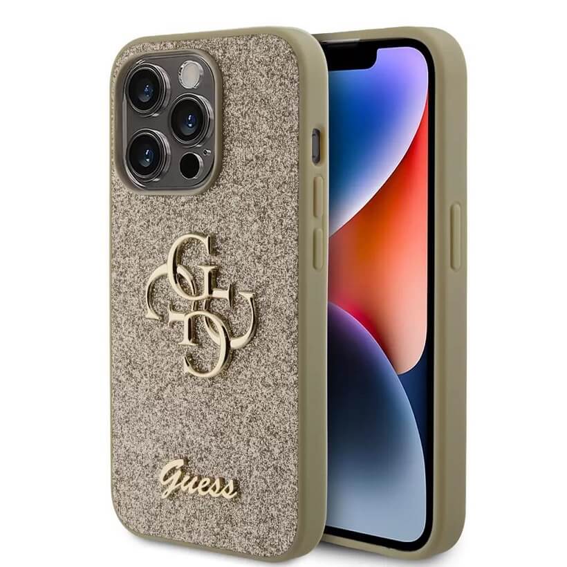 Блестящ Калъф за iPhone 15 Pro, Guess Glitter Script Big 4G Case, Златист (5)