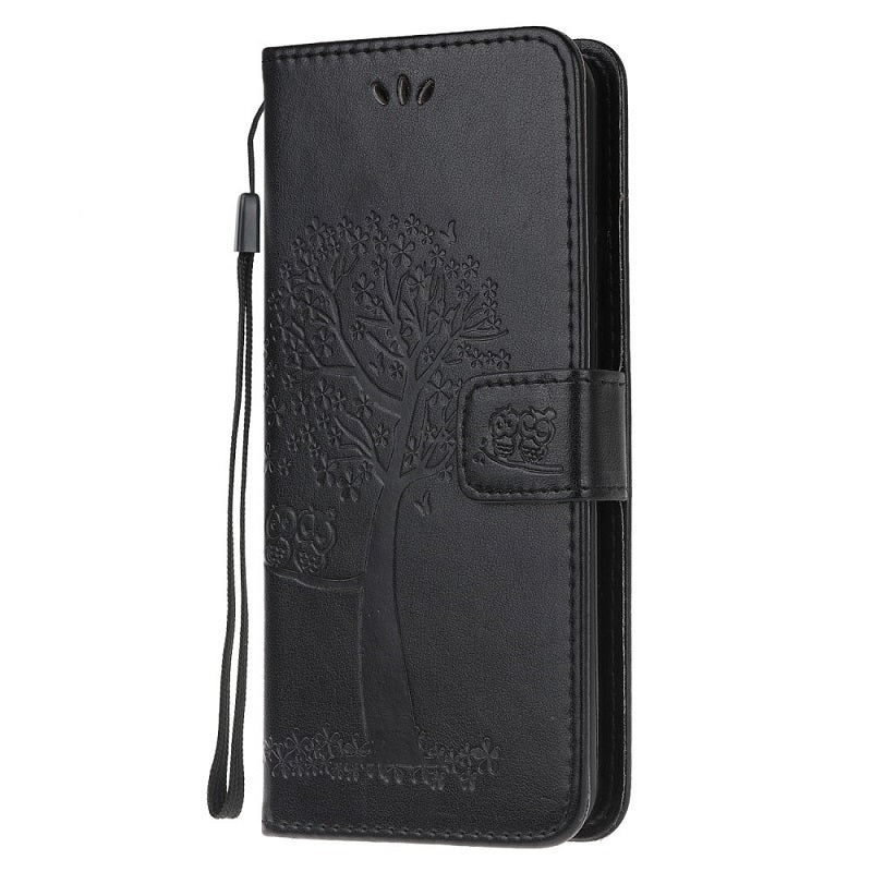 Кожен Калъф с Джобове за Huawei P40 Lite, Tree Owl Wallet Book Case, Черен