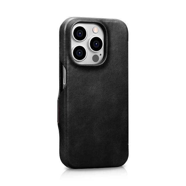 Magsafe Калъф от Естествена Кожа за iPhone 15 Pro, iCarer Oil Wax Book Leather Case, Черен (4)