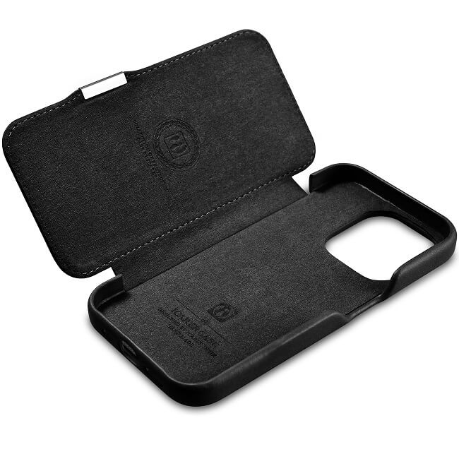 Magsafe Калъф от Естествена Кожа за iPhone 15 Pro, iCarer Oil Wax Book Leather Case, Черен (6)