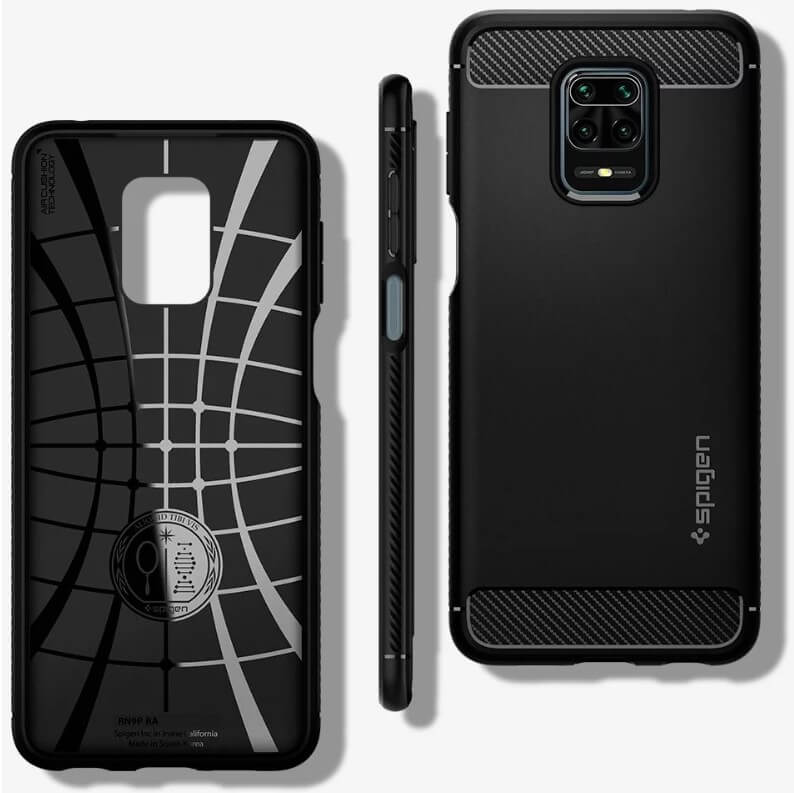 Противоударен Силиконов Калъф за Xiaomi Redmi Note 9 Pro/9S, Spigen Rugged Armor Case, Черен (3)