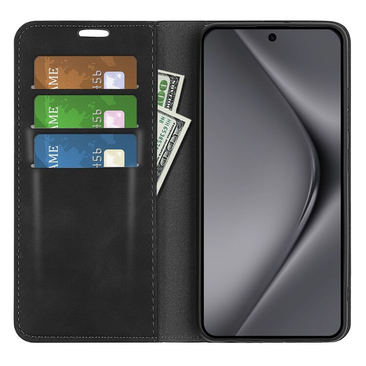 Кожен Калъф с Джобове за Huawei Pura 70, Wallet Book Case, Черен (2)