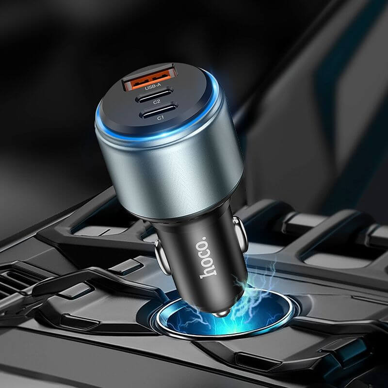 Тройно Зарядно за Кола с USB-C и USB-A, Hoco 12V 95W, Сив (2)