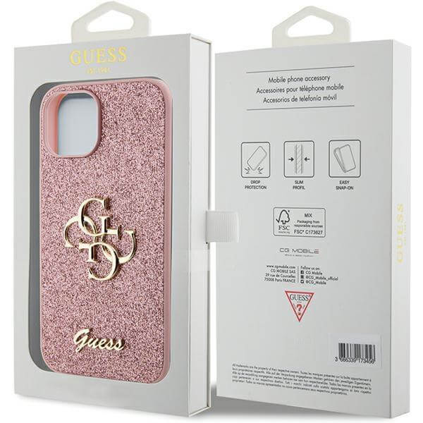 Блестящ Калъф за iPhone 15, Guess Glitter Script Big 4G Case, Розов (8)