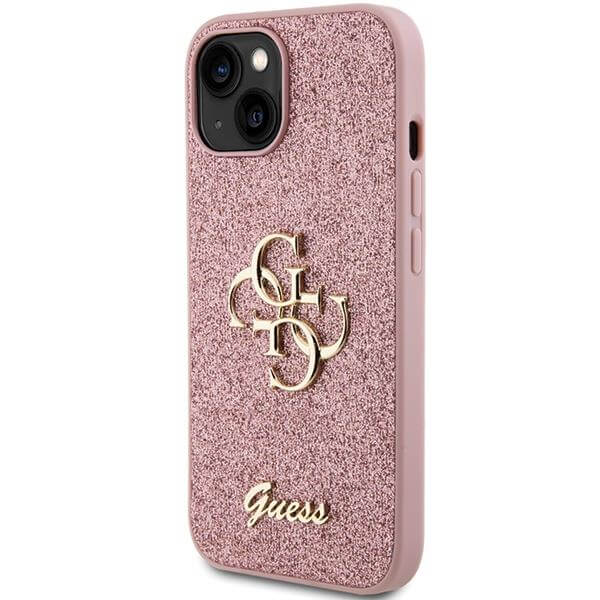 Блестящ Калъф за iPhone 15, Guess Glitter Script Big 4G Case, Розов (2)