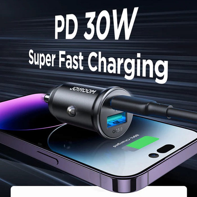 Двойно Зарядно за Кола USB-C/A, Joyroom 30W Mini Metal Car Charger PD-QC3.0, Черен (6)