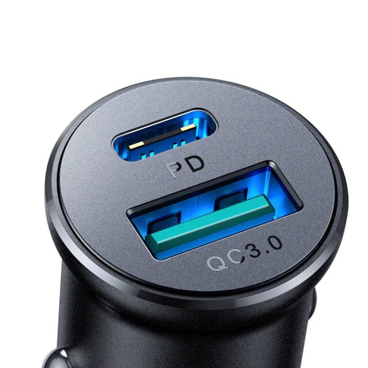 Двойно Зарядно за Кола USB-C/A, Joyroom 30W Mini Metal Car Charger PD-QC3.0, Черен (2)