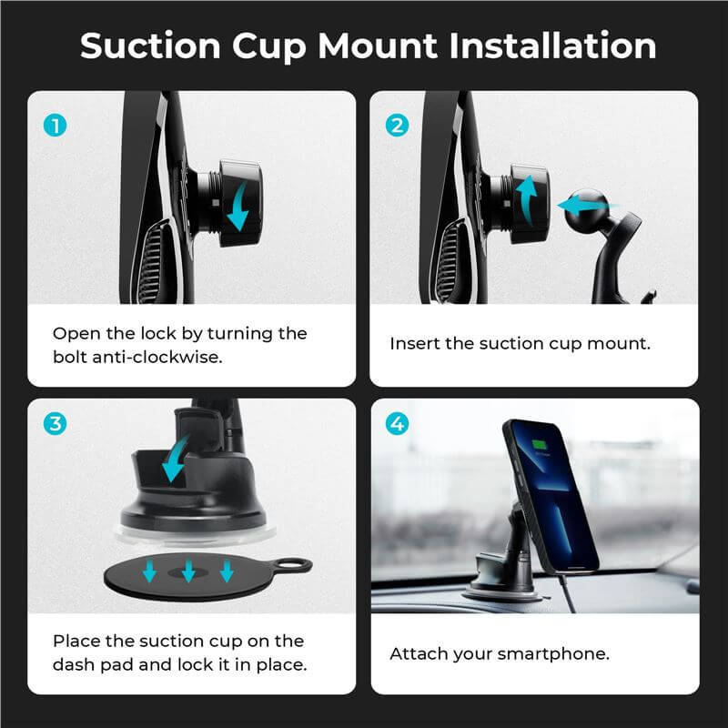 Безжично Зарядно за Кола с Magsafe, Pitaka MagEZ Car Mount Pro Suction Cup 15W, Черен (6)