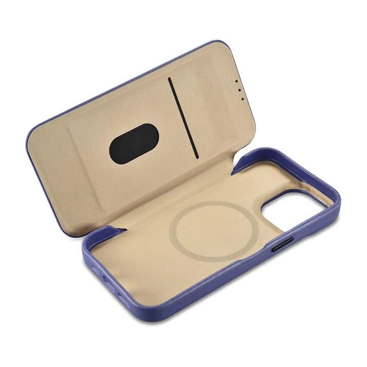 Magsafe Калъф от Естествена Кожа за iPhone 14 Pro Max, iCarer CE Wax Book Leather Case, Лилав (5)