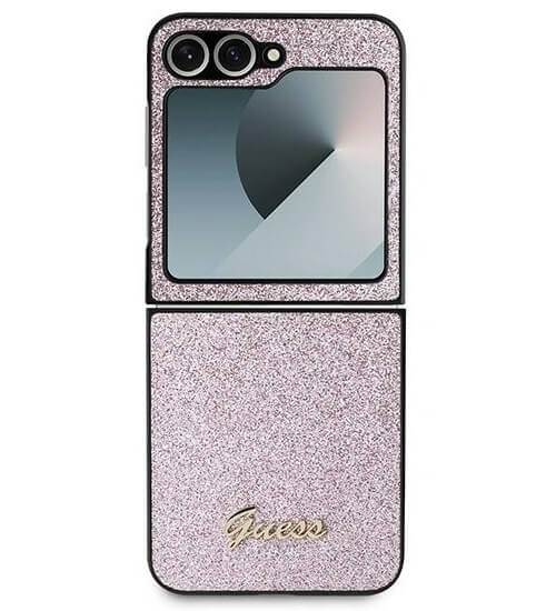 Блестящ Калъф за Samsung Z Flip 7 FE/Z Flip 6, Guess Glitter Script Case, Розов