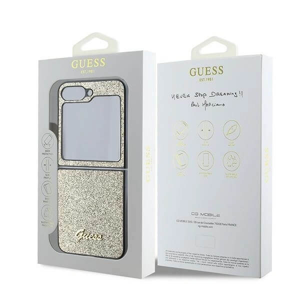 Блестящ Калъф за Samsung Z Flip 7 FE/Z Flip 6, Guess Glitter Script Case, Златист (8)