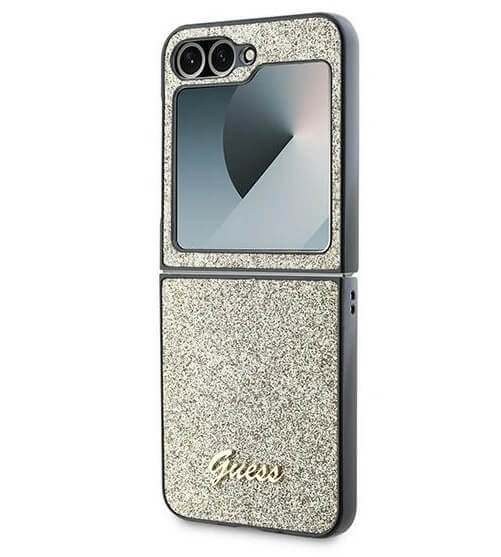 Блестящ Калъф за Samsung Z Flip 7 FE/Z Flip 6, Guess Glitter Script Case, Златист (2)