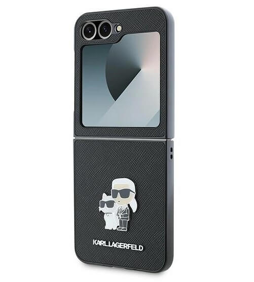 Кожен Калъф за Samsung Z Flip 7 FE/Z Flip 6, Karl Lagerfeld Saffiano Metal PIN Case, Черен (2)