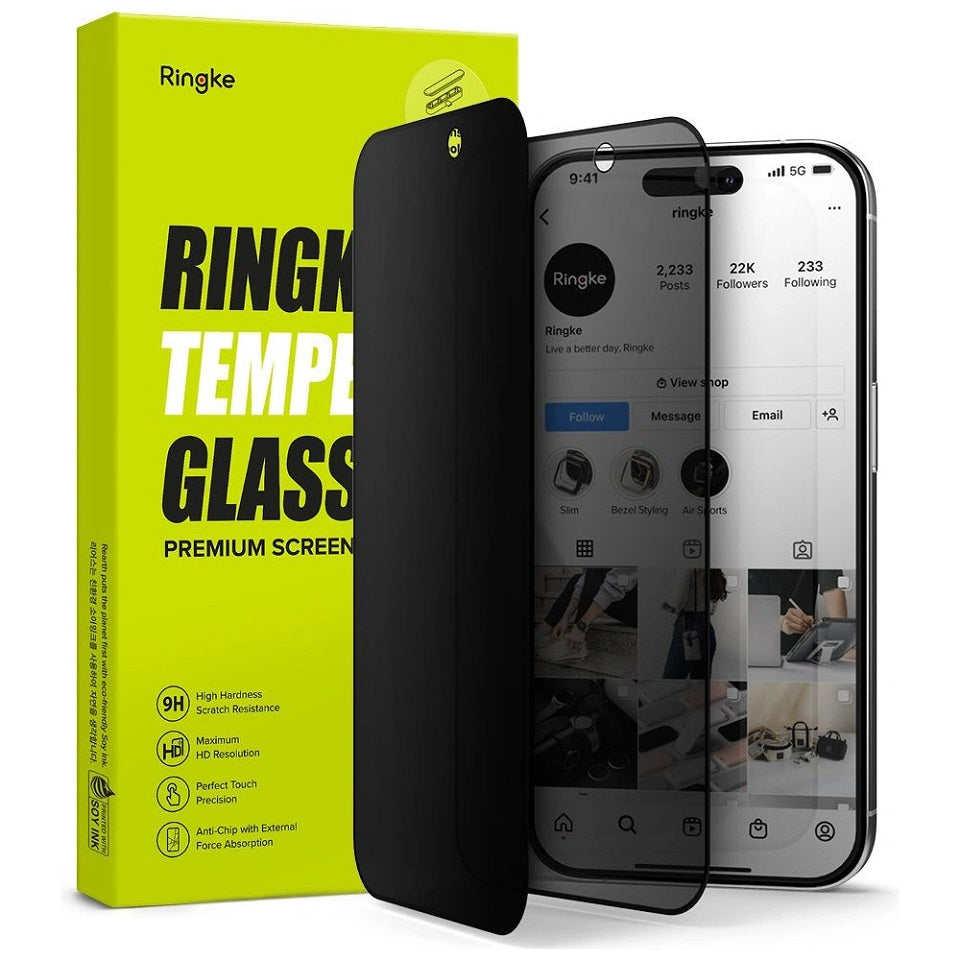 Затъмняващ Протектор за iPhone 15 Pro Max, Ringke Privacy Tempered Glass, Черен