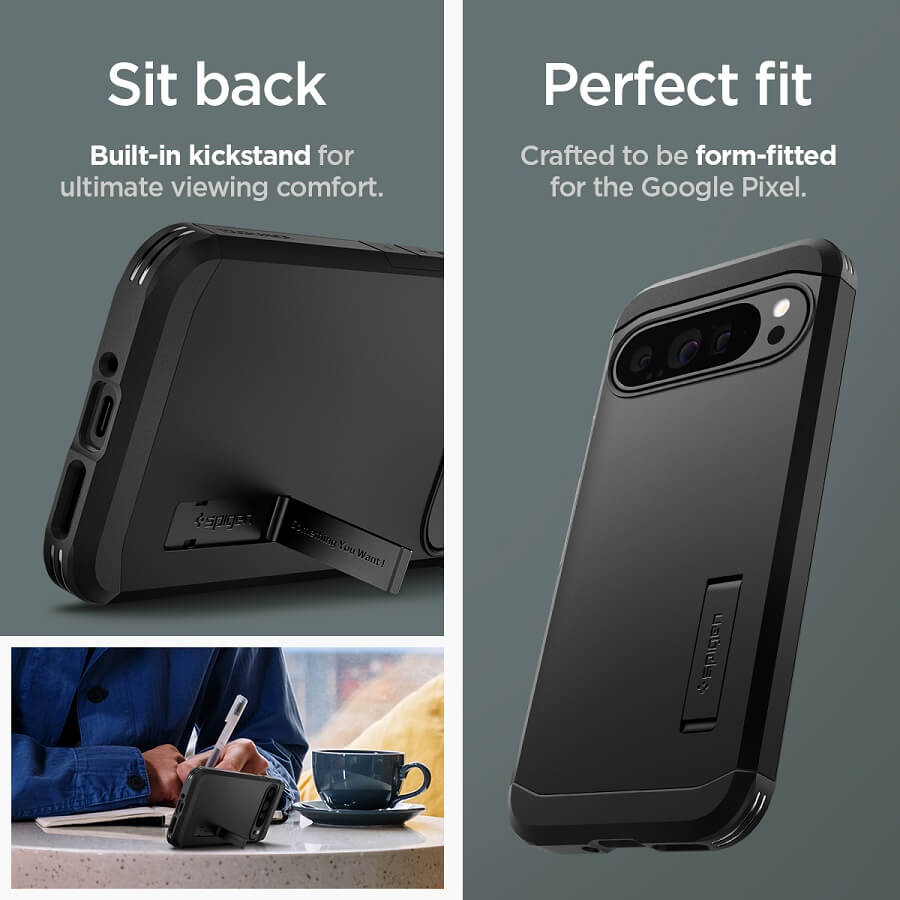 Калъф с Поставка за Google Pixel 9 Pro XL, Spigen Tough Armor Case, Черен (11)