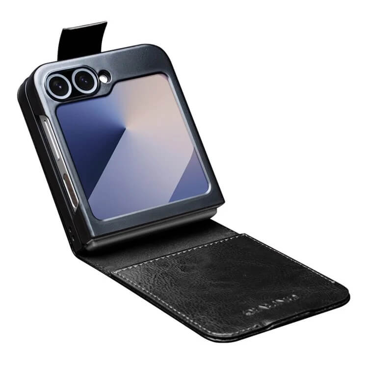 Кожен Калъф за Samsung Z Flip 7 FE/Z Flip 6, Qialino Book Case, Черен (3)