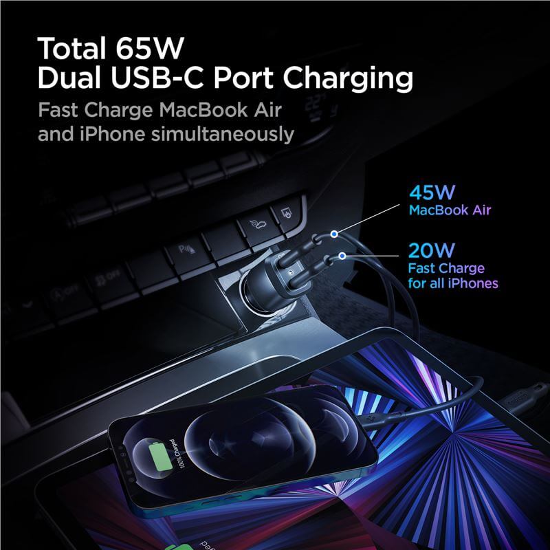 Зарядно за Кола с USB-C, Spigen PowerArc ArcStation Dual Port 65W, Черен (4)