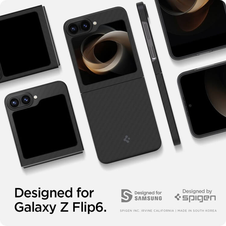 Тънък Карбонов Калъф за Samsung Z Flip 7 FE/Z Flip 6, Spigen AirSkin Aramid Case, Черен (7)