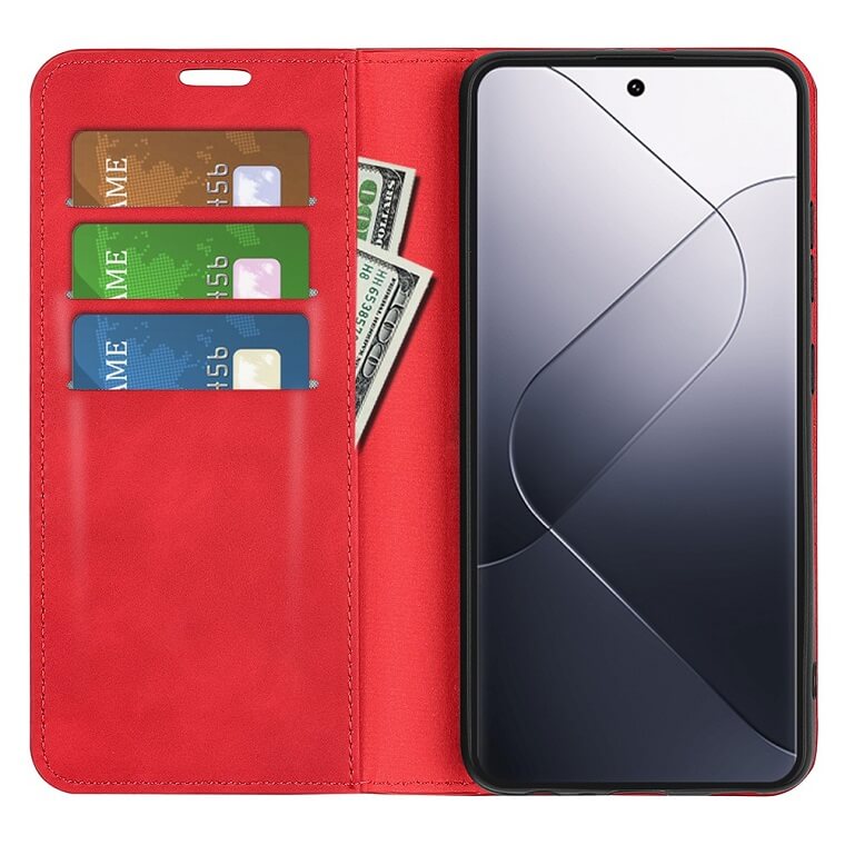 Кожен Калъф с Джобове за Xiaomi 14, Wallet Book Case, Червен (2)