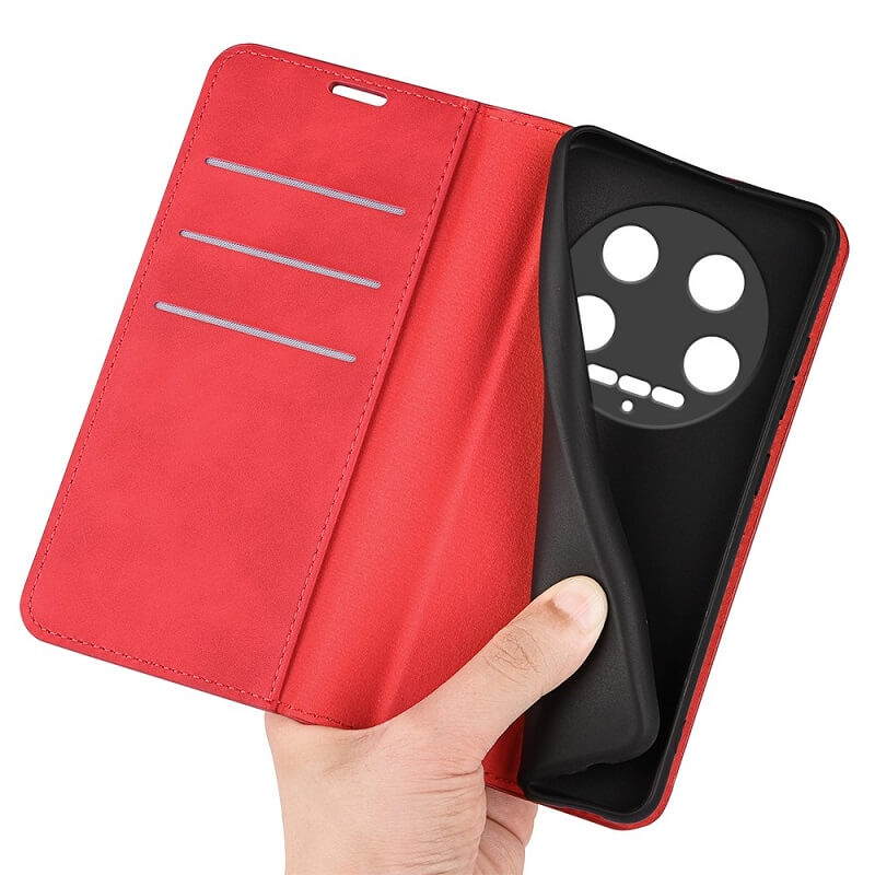 Кожен Калъф с Джобове за Xiaomi 14 Ultra, Wallet Book Case, Червен (4)