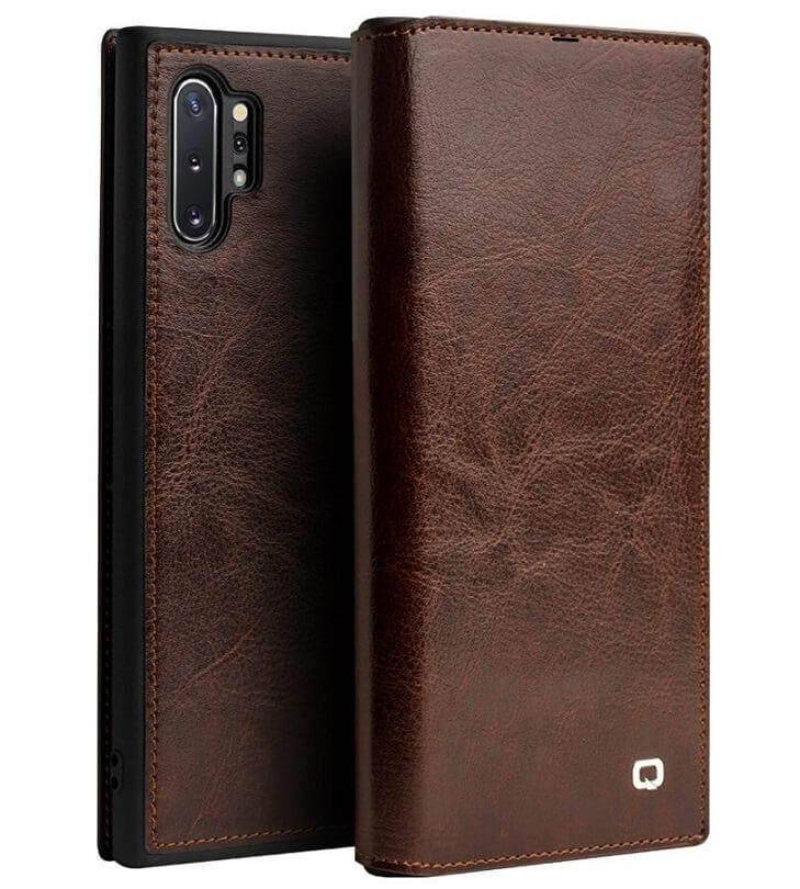 Кожен Калъф за Samsung Note 10 Plus, Qialino Book Case, Кафяв (2)