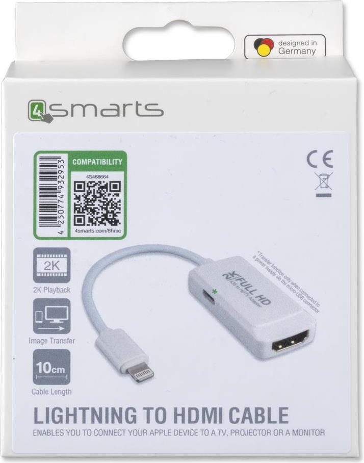 HDMI Адаптер за iPhone и iPad, 4Smarts Converter lightning to HDMI 10cm, Бял (3)