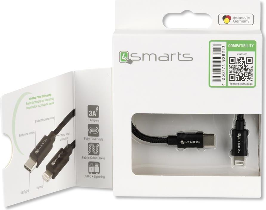 USB-C Кабел за iPhone и iPad с Бързо Зареждане, 4Smarts (Lightning) Power Delivery, Черен (3)