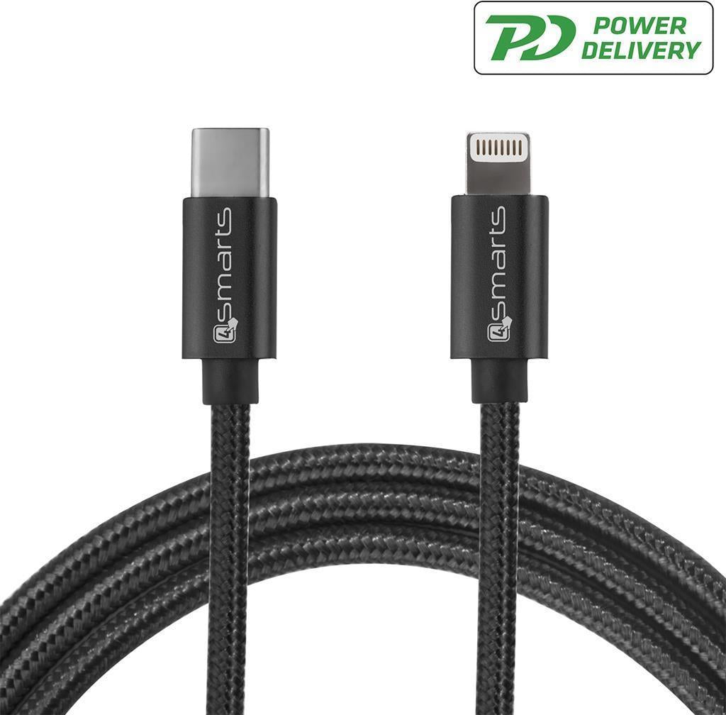 USB-C Кабел за iPhone и iPad с Бързо Зареждане, 4Smarts (Lightning) Power Delivery, Черен